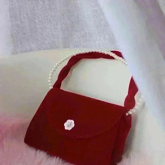 Burgundy Velvet Faux Pearl Handle Handbag - Picture 4 of 6